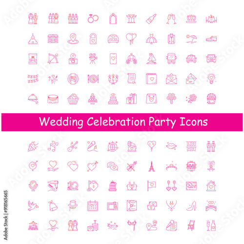 Wedding Reception Vector Icons Set with Editable Stroke, party symbols, wedding event, nuptial celebration, newlyweds, wedding reception icons, wedding occasion, wedding atmosphere, reception essentia