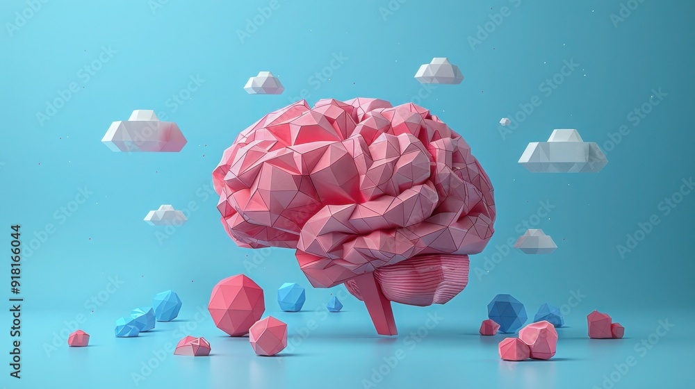 Low Poly Brain Illustration on Blue Background Low Poly Brain Illustration on Blue Background
