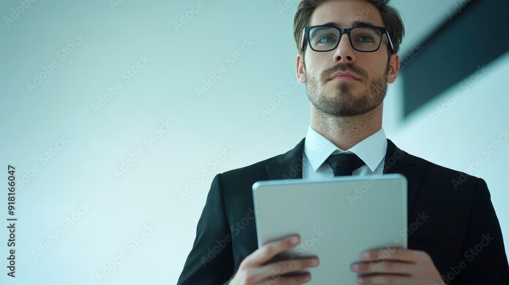 A Well Dressed Man in Glasses Holding a Tablet with a Minimalist Backdrop Generative AI A Well Dressed Man in Glasses Holding a Tablet with a Minimalist Backdrop Generative AI