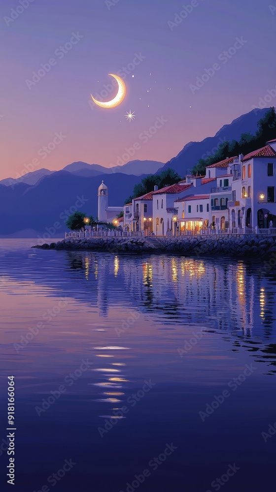 Fototapeta premium Crescent Moon and Star Seaside Night Islam Religion Spiritual Symbol - Generative AI