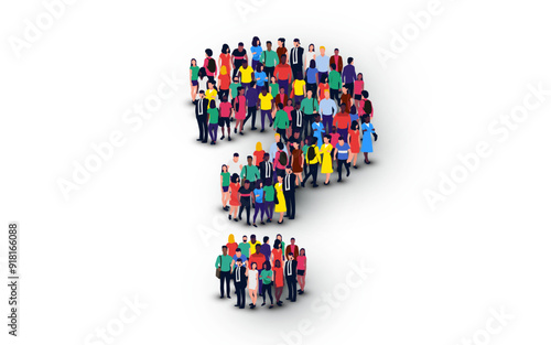 Large group of people standing in the shape of question mark sign. People crowd.