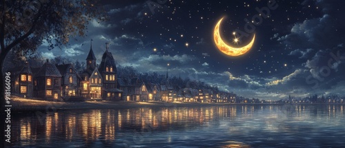 Crescent Moon and Star Seaside Night Islam Religion Spiritual Symbol - Generative AI
