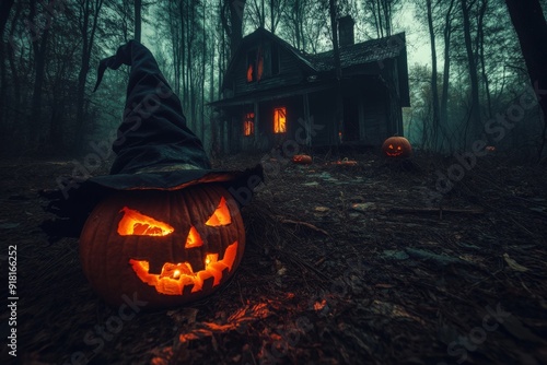 Abandoned House Decorated with Jack-o'-Lanterns photo