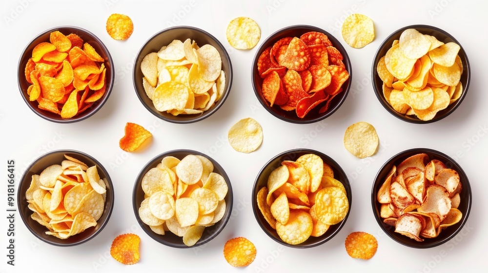 Collection of various flavored potato chips in bowls, isolated on a white background, top view Collection of various flavored potato chips in bowls, isolated on a white background, top view