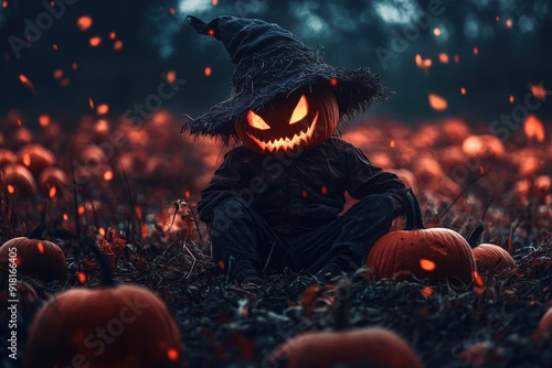 The Dark Figure with a Pumpkin Head Shrouded in Mystery photo