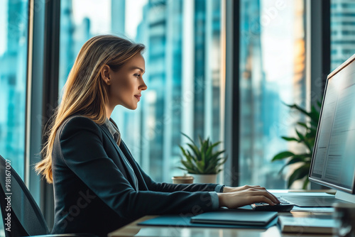 Focused businesswoman working on her computer in a modern office with a cityscape in the background, reflecting professionalism, concentration, and corporate life. Free Download Focused businesswoman working on her computer in a modern office with a cityscape in the background, reflecting professionalism, concentration, and corporate life. - GFXLoad
