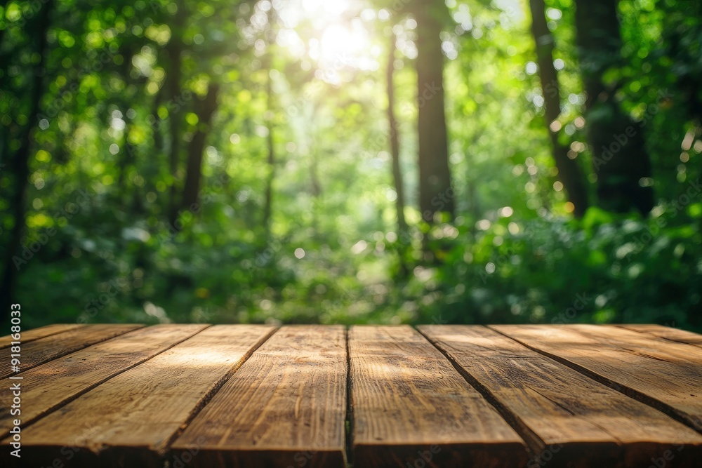 Empty wood table top with blur background of nature lush green forest with generative ai Empty wood table top with blur background of nature lush green forest with generative ai