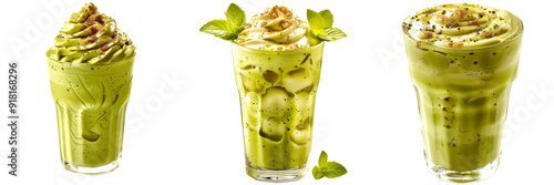 Set of 3 Matcha Frappe on a Transparent Background, drink, beverage, coffee, hot, ice, cocktail, alcoholic, smoothie, party, bar, juice, pub, png file, cut off bg, 300 dpi