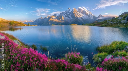 Summer lake panorama with majestic mountains.