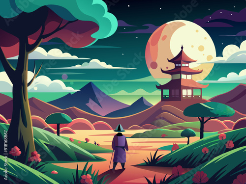 Watercolor painting Asian landscape field in the full moon night covers the clouds and the man stand alone.
