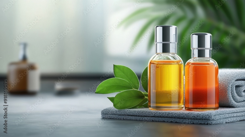 Bath oils in glass bottles, luxurious feel, realistic style Bath oils in glass bottles, luxurious feel, realistic style