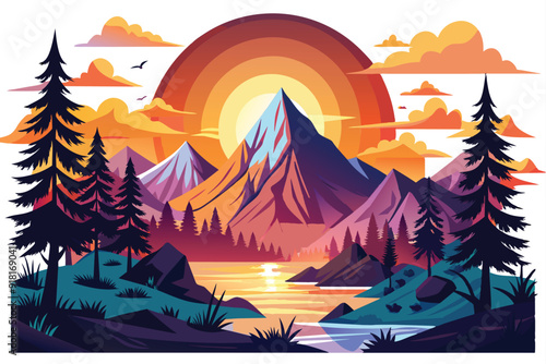 nature background of forest, mountain, river and pine trees. with beautiful sky, cloud, sunset. vector design illustration.