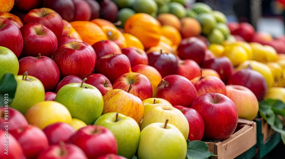 Close-up of a harvest market stall displaying a variety of fresh apples, gourds, and autumn leaves Close-up of a harvest market stall displaying a variety of fresh apples, gourds, and autumn leaves