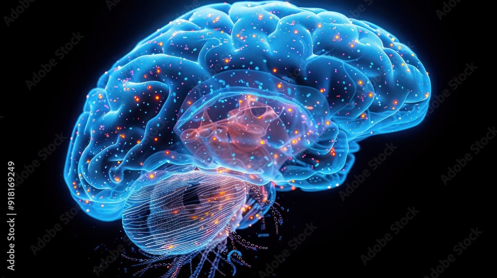 Neurological Network: Illustration of a Human Brain with Neural Pathways and Synapses Neurological Network: Illustration of a Human Brain with Neural Pathways and Synapses