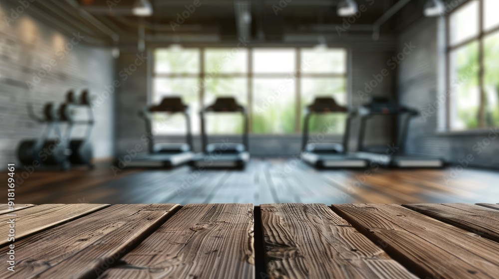 Empty wooden table with blur modern gym interior with sport fitness equipment Empty wooden table with blur modern gym interior with sport fitness equipment