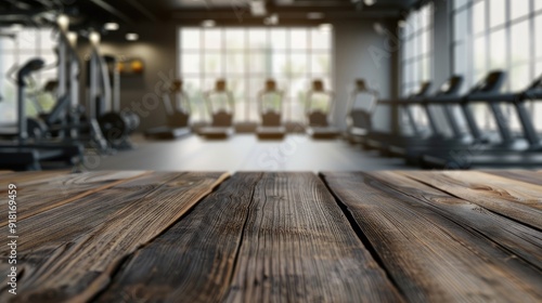 Wallpaper Mural Empty wooden table with blur modern gym interior with sport fitness equipment Torontodigital.ca