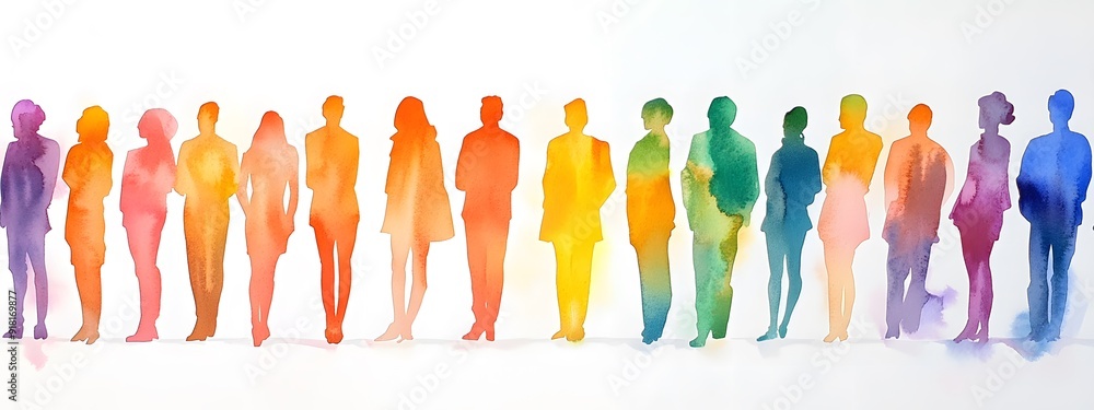 A row of people standing in watercolor style, with each person representing different colors and shapes. A row of people standing in watercolor style, with each person representing different colors and shapes.