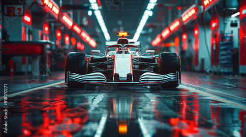 White Formula 1 Car in a High-Tech Garage with Red Lights and Reflections