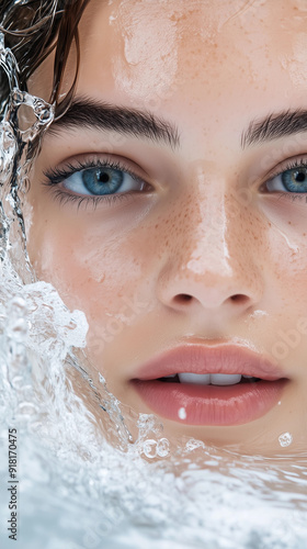 Closeup woman face water splash skincare hydration beauty wellness fresh clean smooth lady complexion cosmetics glowing skin rejuvenation spa photography hydration