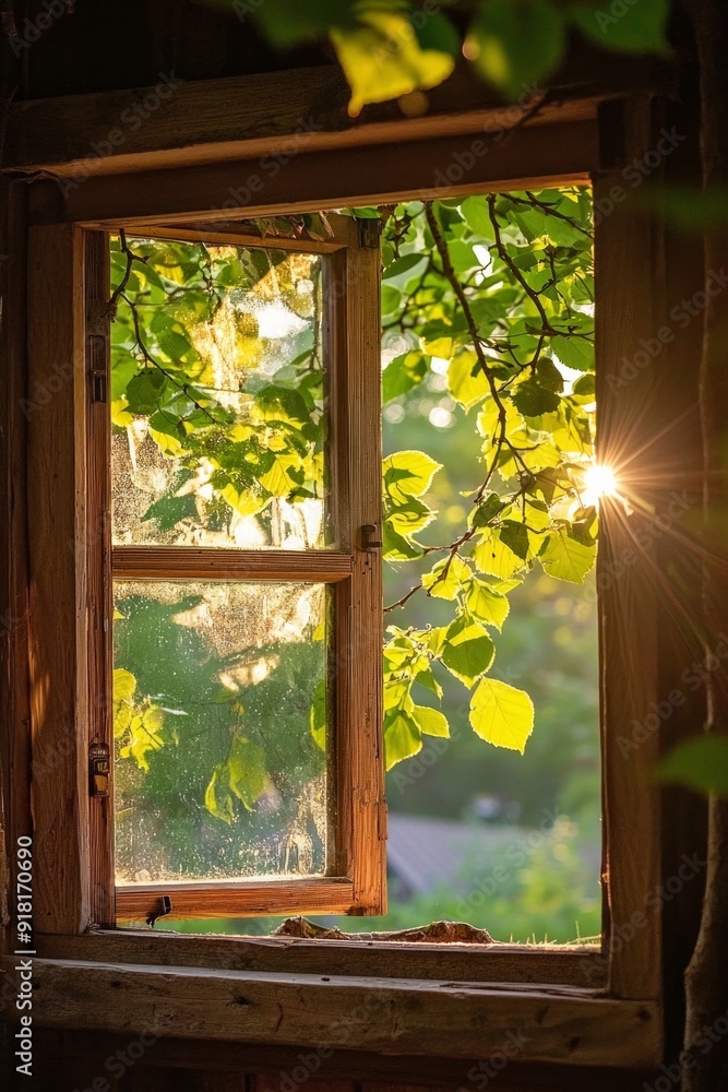 A window in a rustic treehouse, with leaves rustling in the wind and sunlight filtering through the branches. A window in a rustic treehouse, with leaves rustling in the wind and sunlight filtering through the branches.