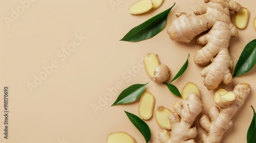 Fresh ginger with green leaves on light pale brown background, flat lay. Space for text