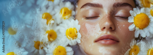 Woman floral beauty skincare facial spa relaxation daisy flower water nature botanical therapy skincare natural clean smooth glowing rejuvenation organic wellness banner background skin moist