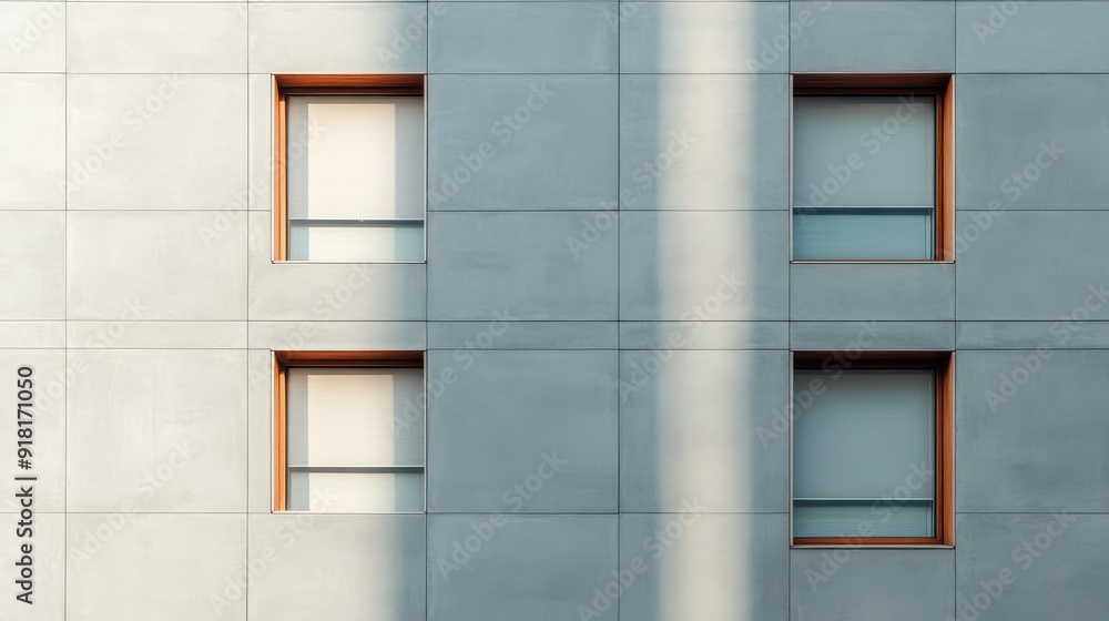 The image captures a modern building facade featuring symmetrical ...