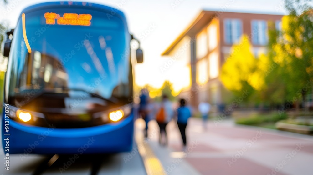 Closeup of a campus shuttle bus with university branding, students boarding, and vibrant campus buildings in the background Closeup of a campus shuttle bus with university branding, students boarding, and vibrant campus buildings in the background