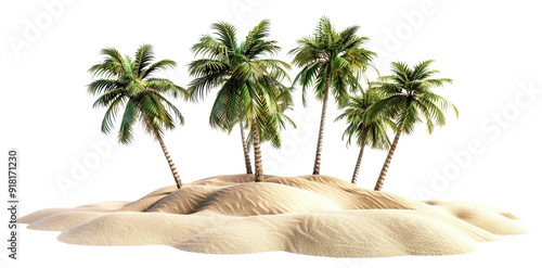 Tropical oasis with lush palm trees on sandy dune, cut out