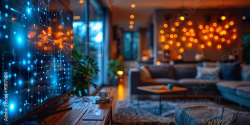 Technology Smart home with connected devices and digital icons Glowing house with symbolism 