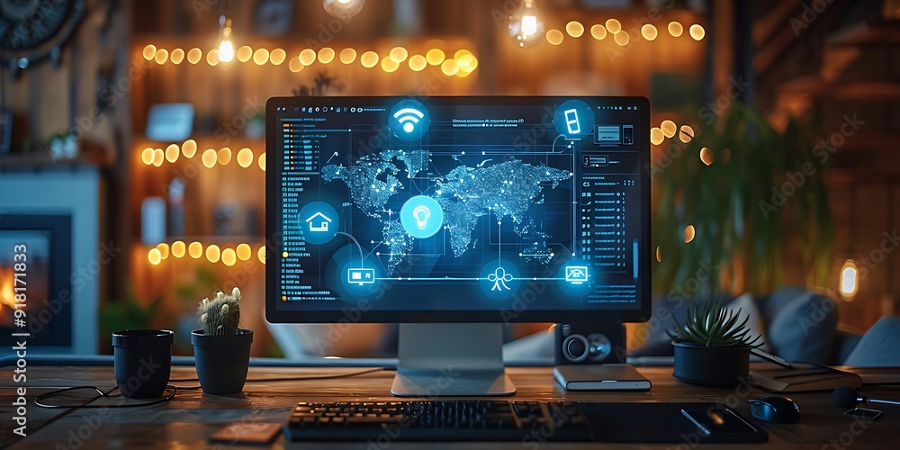 Technology Smart home with connected devices and digital icons Glowing house with symbolism Technology Smart home with connected devices and digital icons Glowing house with symbolism