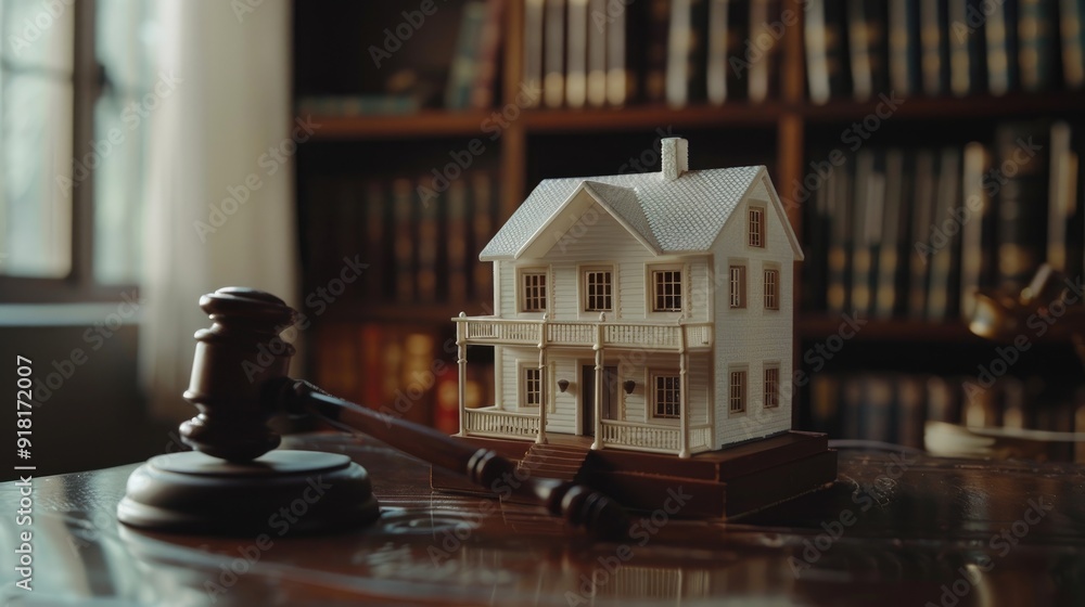 Close up Conceptual White Miniature House on Top of the Table Beside Court Gavel. Close up Conceptual White Miniature House on Top of the Table Beside Court Gavel.