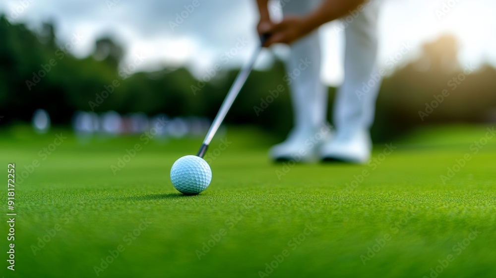Obraz premium Closeup of a golfer's intense concentration during a putt, golf cup competition setting, lush green and crowd behind 
