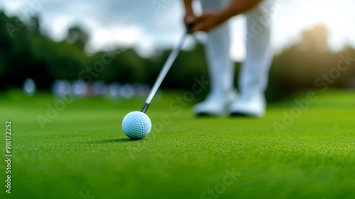 Closeup of a golfer's intense concentration during a putt, golf cup competition setting, lush green and crowd behind 