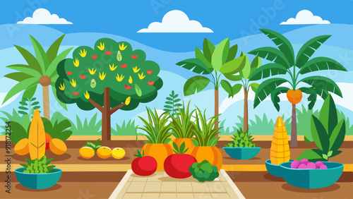 A garden with a separate sections of Herbs, trees in the background vector art illustration 