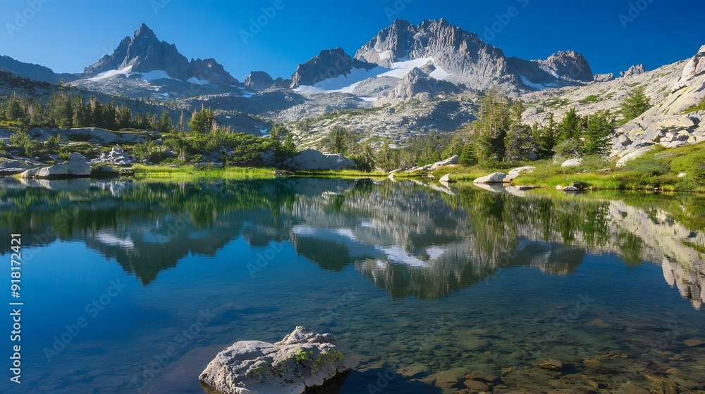 Fototapeta premium 60. A tranquil mountain lake with a reflection of towering peaks and a calm, clear surface