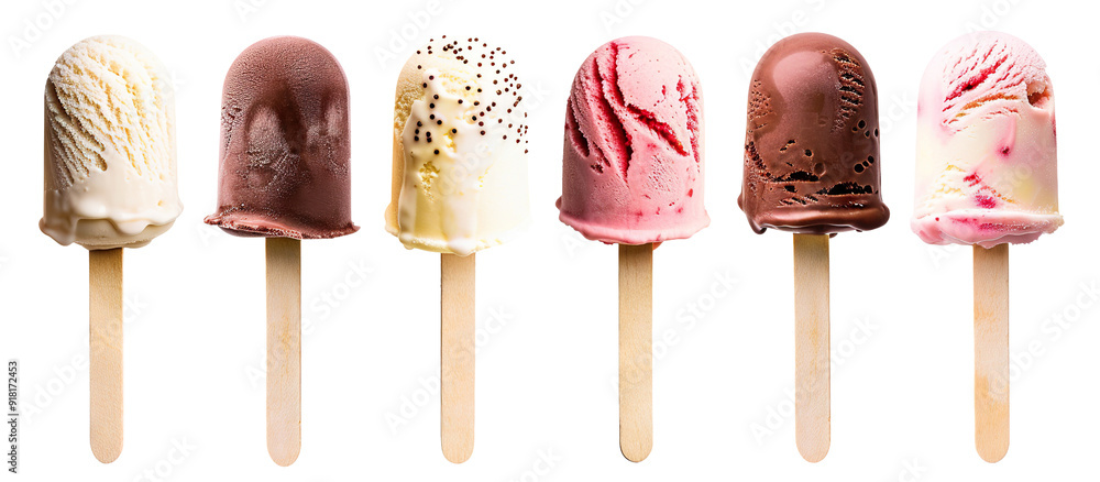 Set of of delicious colorful ice cream bars on wooden sticks, cut out Set of of delicious colorful ice cream bars on wooden sticks, cut out