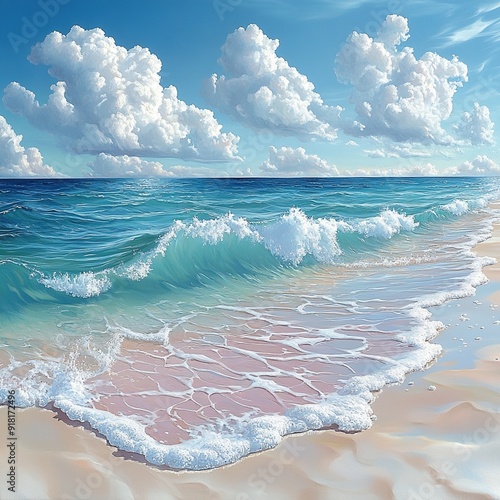 Peaceful beach, gentle waves, blue sky, golden beach