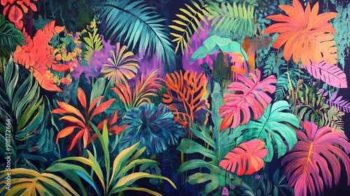 61. A vibrant botanical artwork with a dense jungle scene and a variety of exotic plants