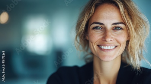 A smiling woman with wavy blonde hair styled in a bob, standing indoors against a blurred background, exuding warmth and charm with an approachable and friendly expression.