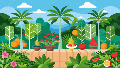 A garden with a separate sections of Herbs, trees in the background vector art illustration 