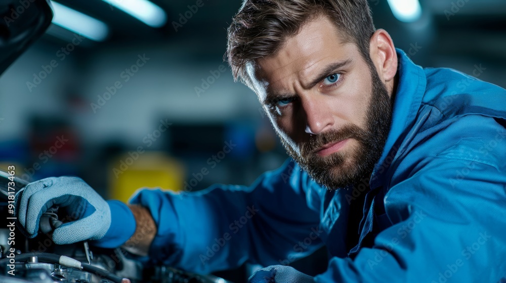 Closeup of a repairman fixing a car engine, wearing a blue uniform and gloves, focused expression, tools scattered around, garage background Closeup of a repairman fixing a car engine, wearing a blue uniform and gloves, focused expression, tools scattered around, garage background