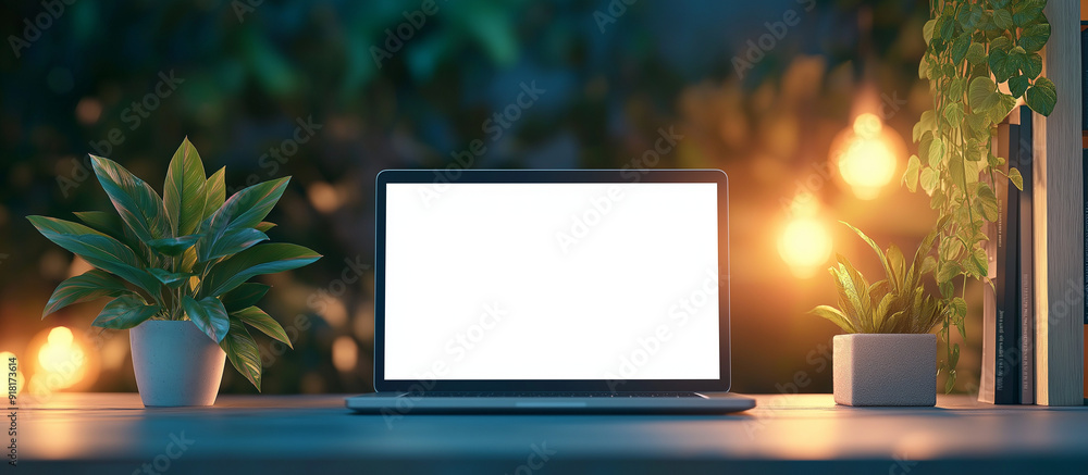 Laptop with blank screen on table with plants and string lights Laptop with blank screen on table with plants and string lights