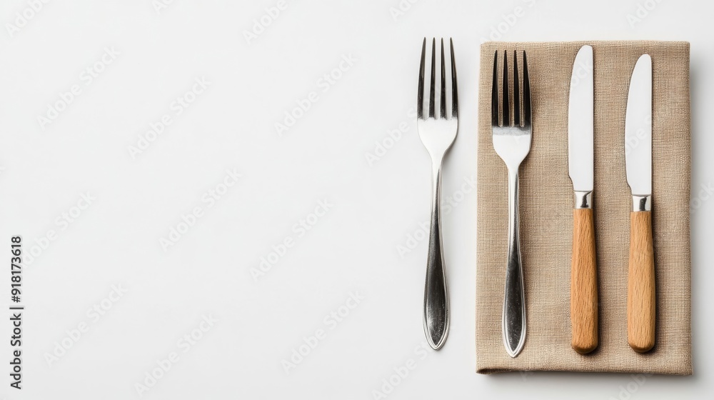 Closeup of a retro-style place setting with vintage cutlery, a cloth napkin, and a handwritten place card, isolated on a white background Closeup of a retro-style place setting with vintage cutlery, a cloth napkin, and a handwritten place card, isolated on a white background