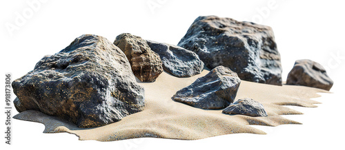 Natural rock formation along sandy beach under bright daylight, cut out