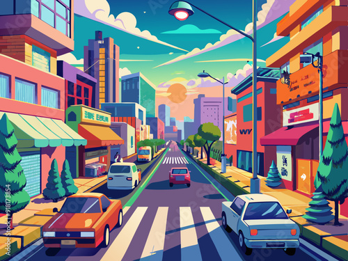Busy Urban Street landscape anime style