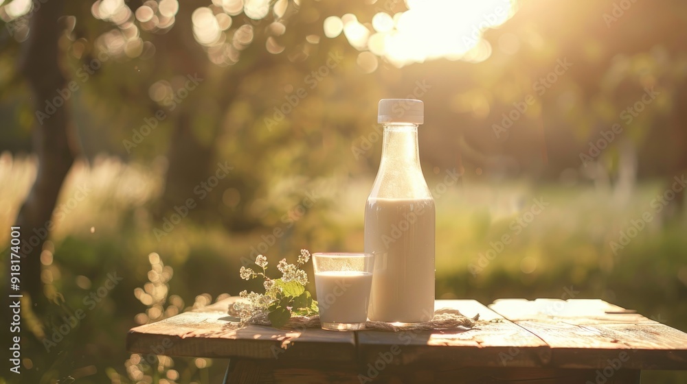 Fresh organic milk in glass and bottle on rustic wooden table on nature background Fresh organic milk in glass and bottle on rustic wooden table on nature background