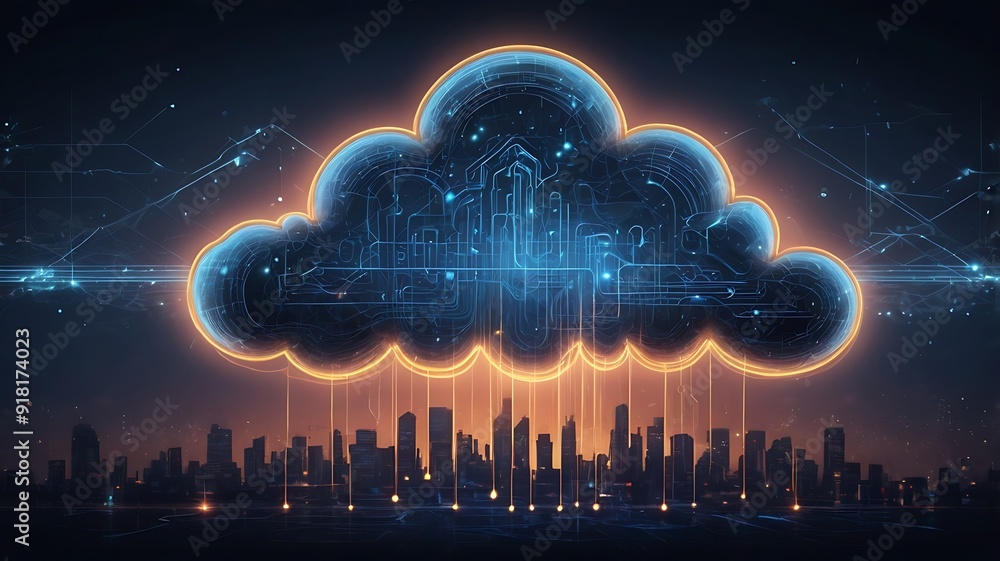 Digital design of cloud surrounded with data nodes, represents cloud computing, data transfer, data banks, memory cards and advanced new technologies Digital design of cloud surrounded with data nodes, represents cloud computing, data transfer, data banks, memory cards and advanced new technologies