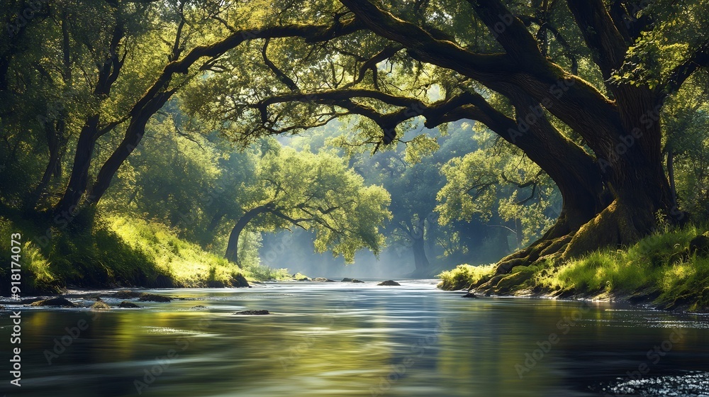 70. A serene river with gently flowing water, overhanging trees, and a peaceful atmosphere 70. A serene river with gently flowing water, overhanging trees, and a peaceful atmosphere