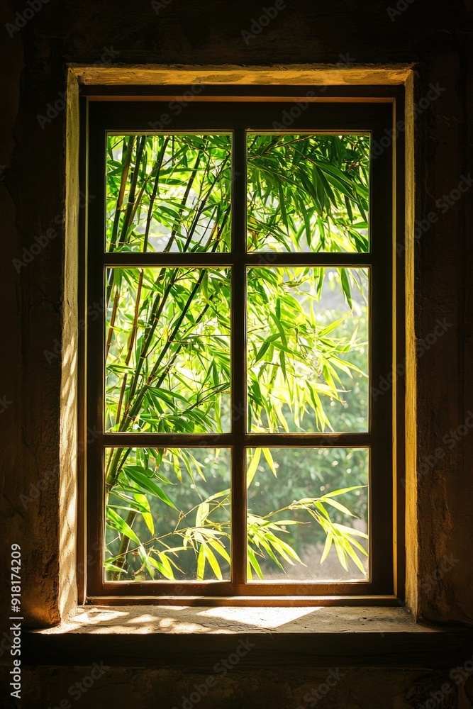 Fototapeta premium A window in a tranquil meditation room, with bamboo plants outside swaying gently in the breeze. 